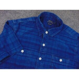 Polo Ralph Lauren‎ Shirt Mens Large Blue Plaid Pockets Indigo Oxford